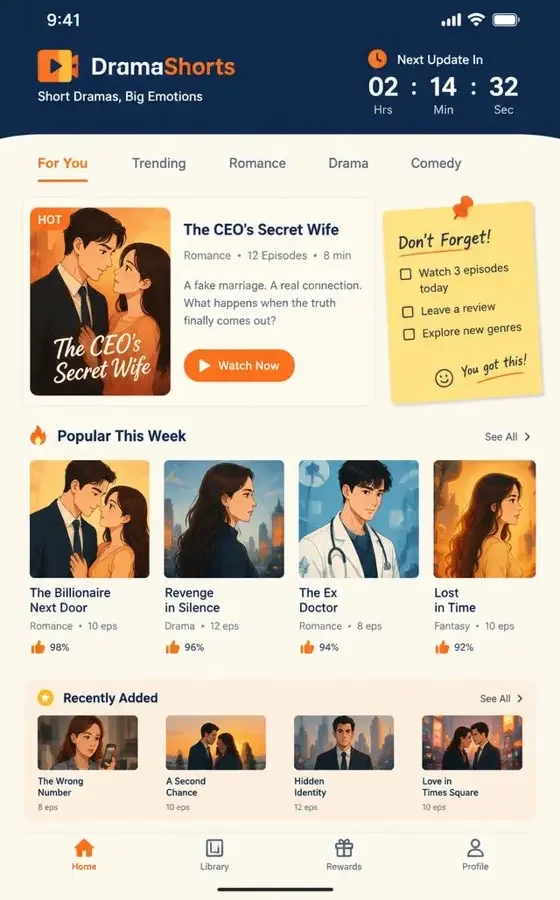 黄果短剧下载 APP 首页界面 黄果短剧下载 APP 首页界面示意图,深蓝顶栏显示倒计时,奶白卡片展示剧集海报